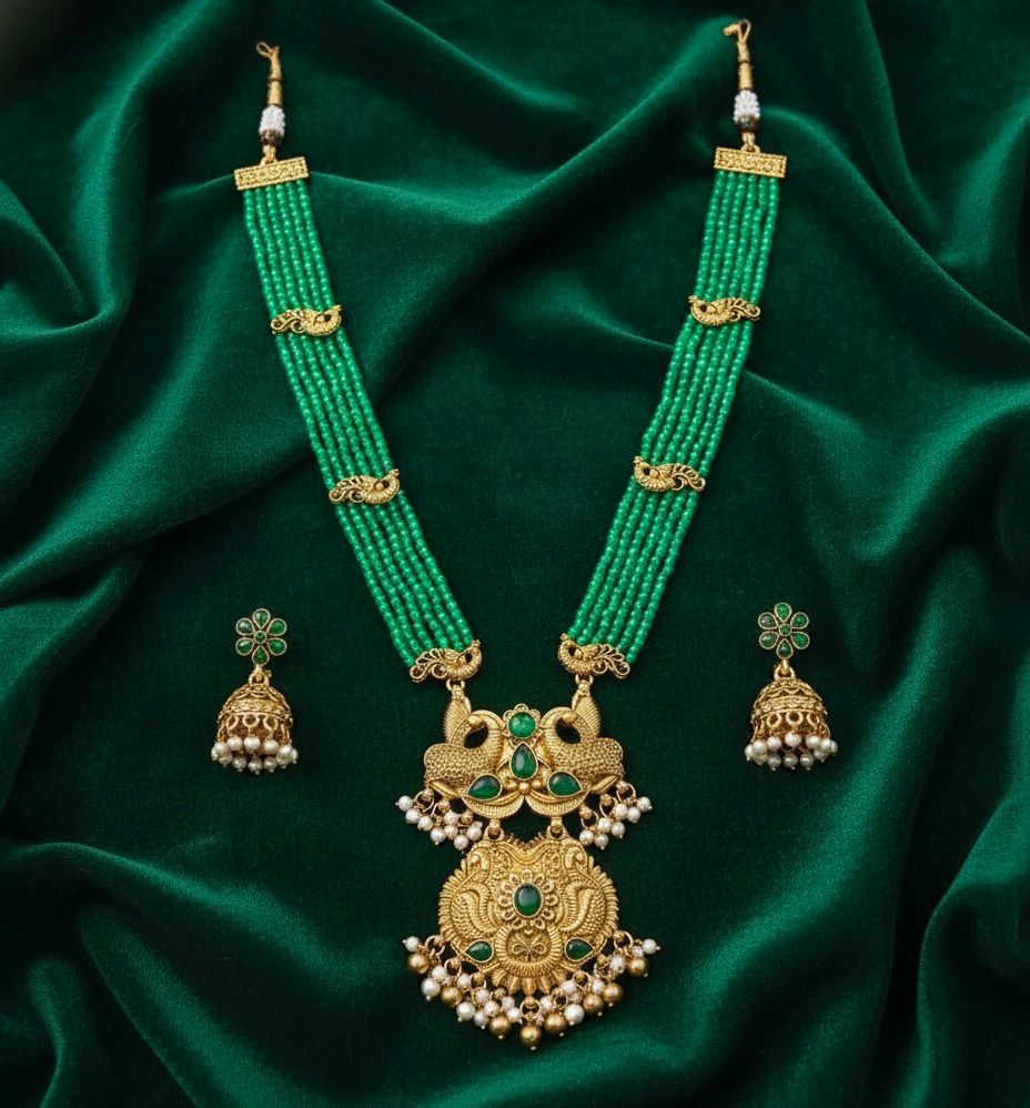 Traditional Design Temple Jewellery Set With Matching Earrings TM471GREEN
