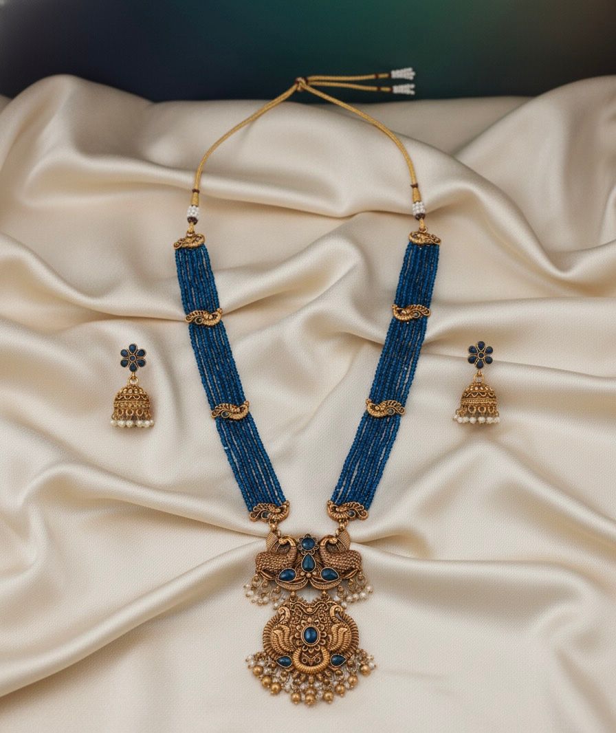 Traditional Design Temple Jewellery Set With Matching Earrings TM471BLUE