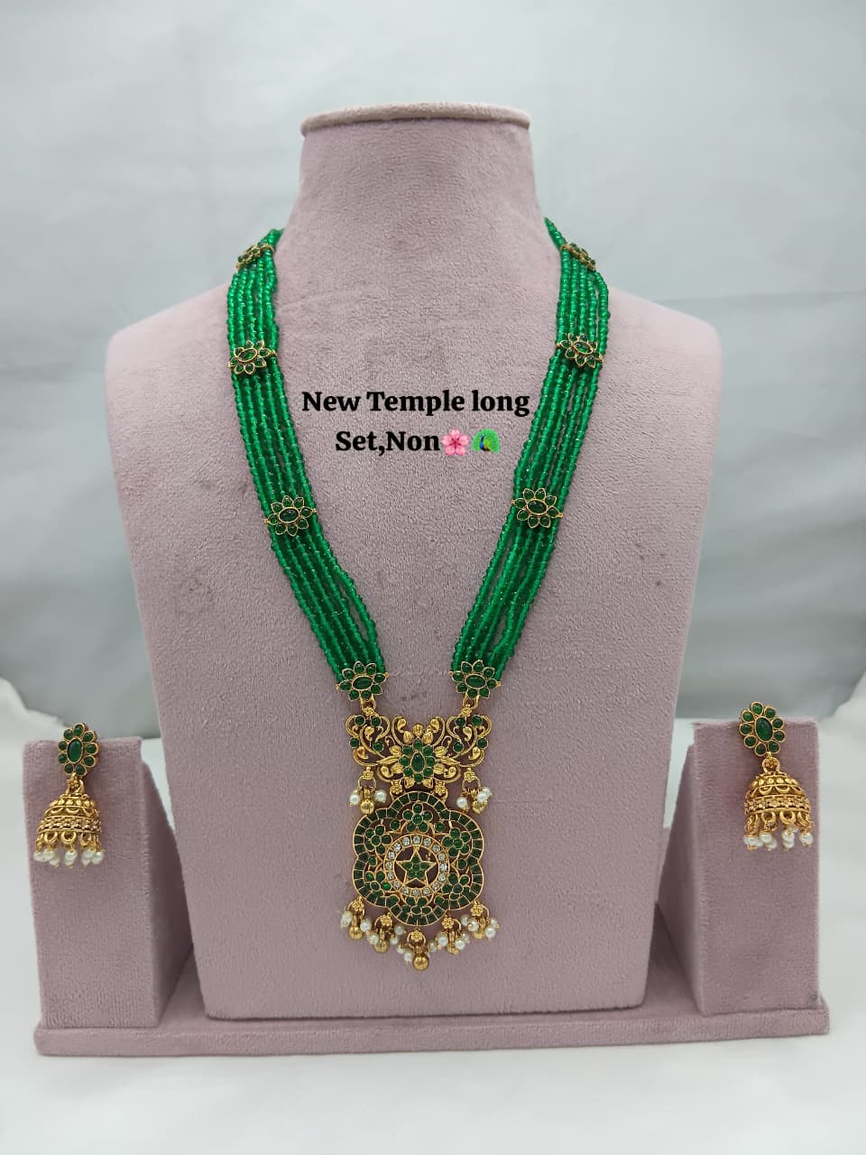 Traditional Design Temple Jewellery Set With Matching Earrings TM-473GREEN