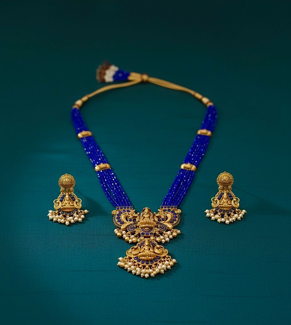 Traditional Design Temple Jewellery Set With Matching Earrings TM474BLUE