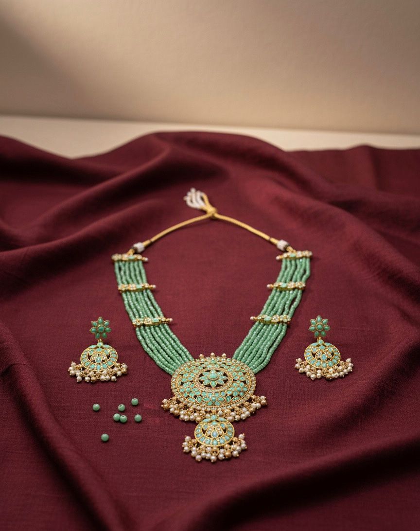 Traditional Design Temple Jewellery Set With Matching Earrings TM472SEAGREEN