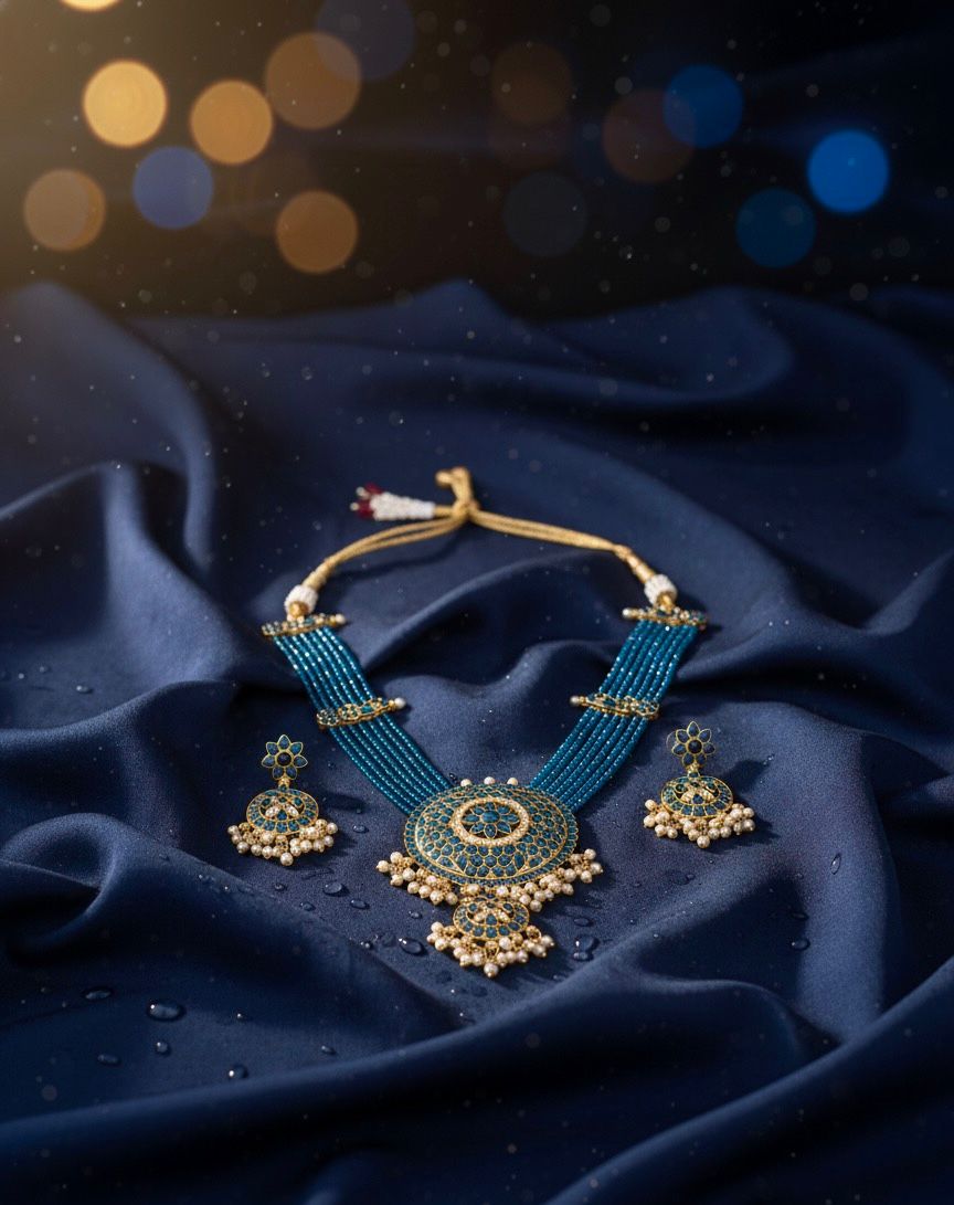 Traditional Design Temple Jewellery Set With Matching Earrings TM472BLUE