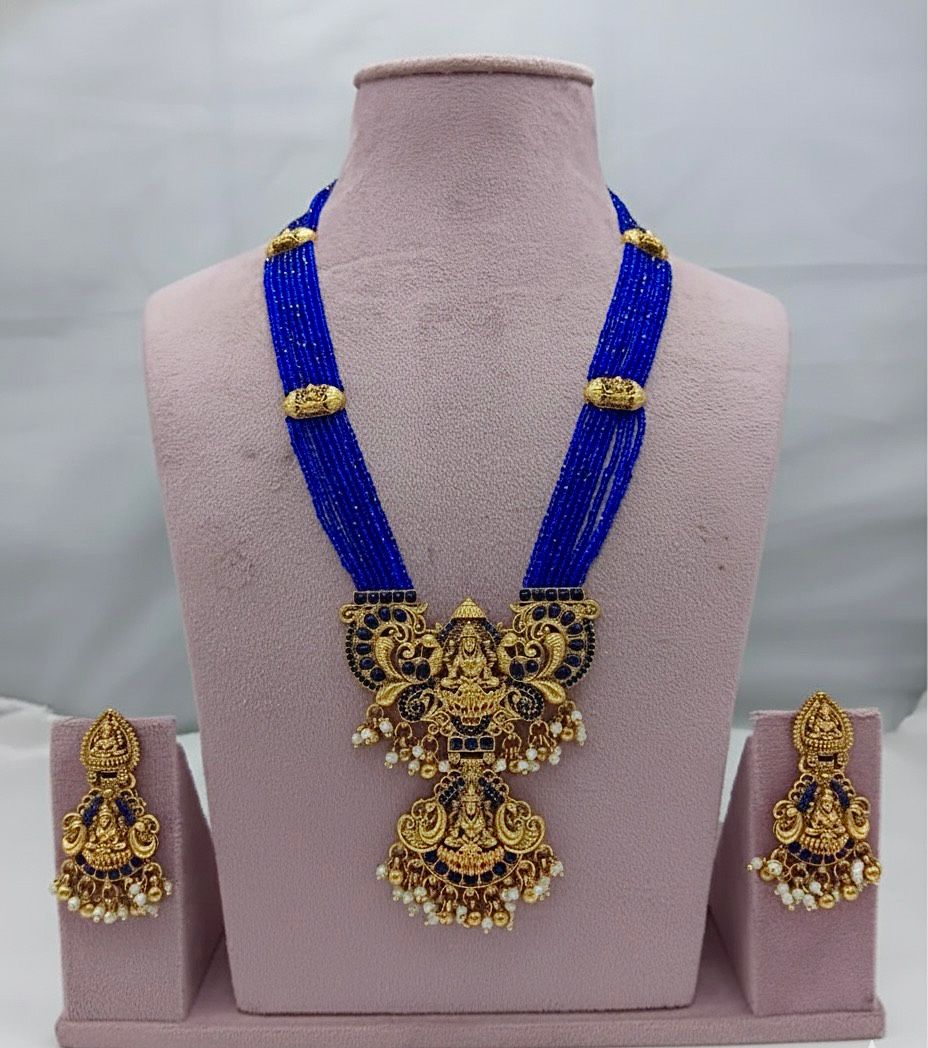 Traditional Design Temple Jewellery Set With Matching Earrings TM474BLUE