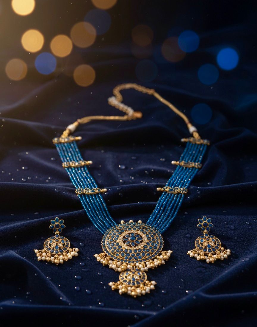 Traditional Design Temple Jewellery Set With Matching Earrings TM472BLUE