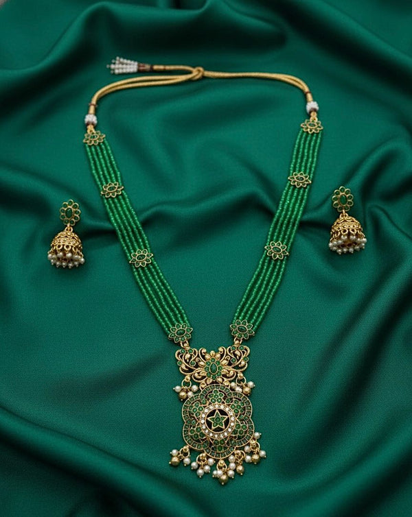 Traditional Design Temple Jewellery Set With Matching Earrings TM-473GREEN