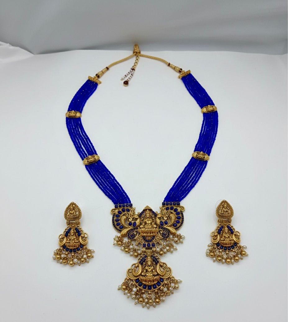 Traditional Design Temple Jewellery Set With Matching Earrings TM474BLUE