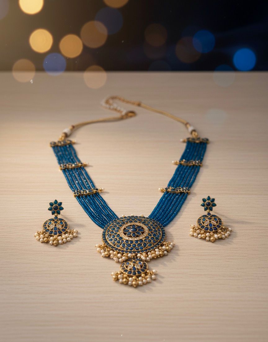 Traditional Design Temple Jewellery Set With Matching Earrings TM472BLUE