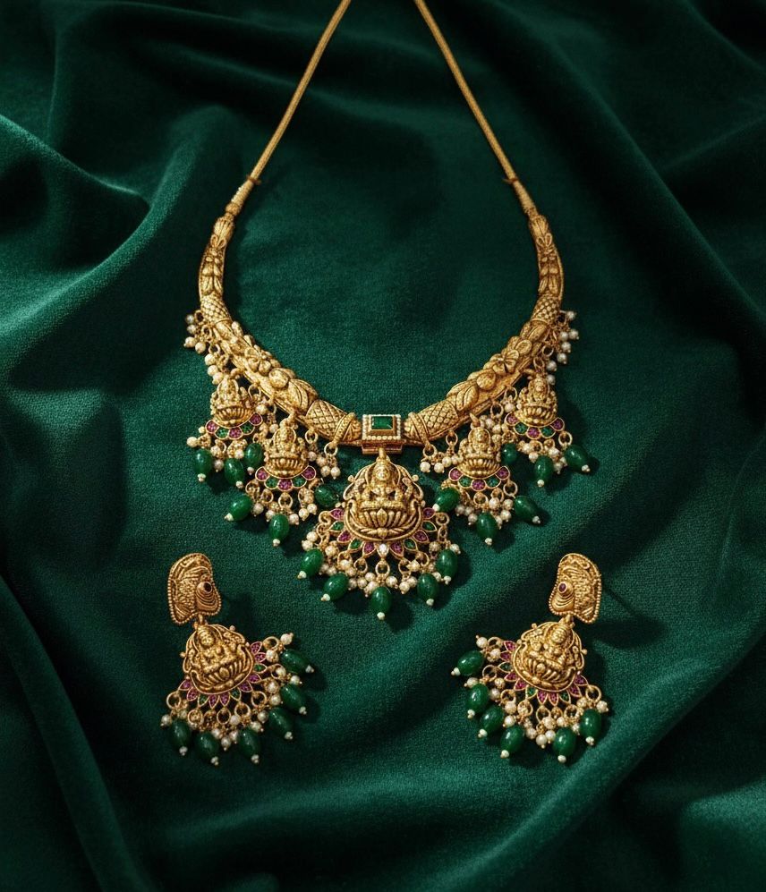 Traditional Long Pearl Beaded Jewellery Set with Matching Earrings TM481GREEN