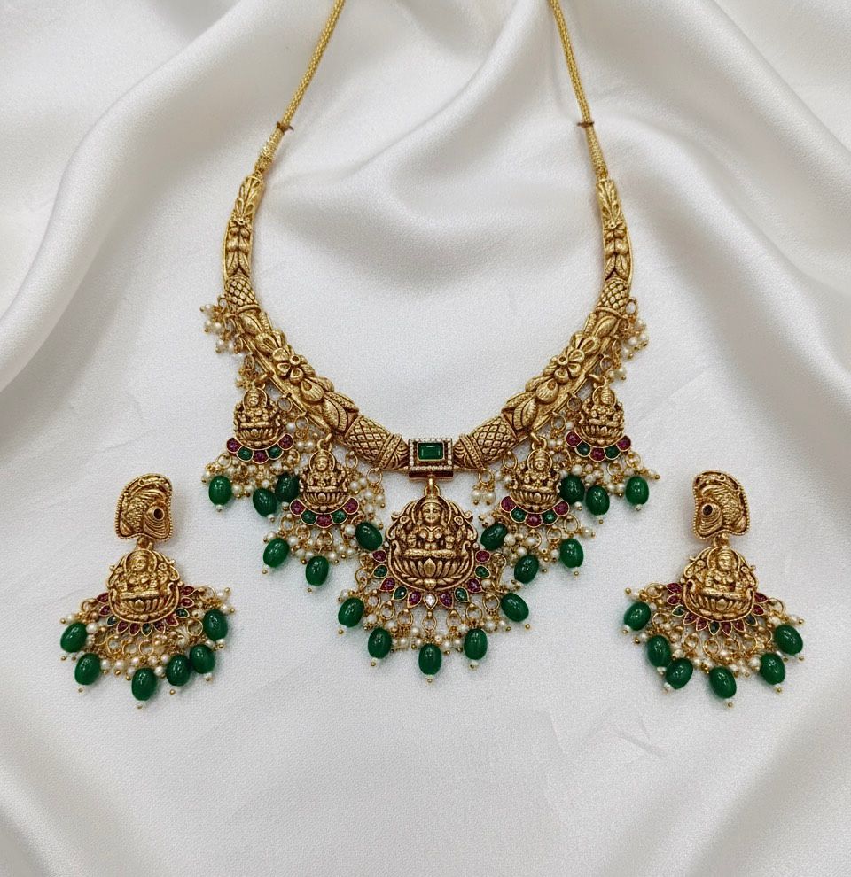 Traditional Long Pearl Beaded Jewellery Set with Matching Earrings TM481GREEN