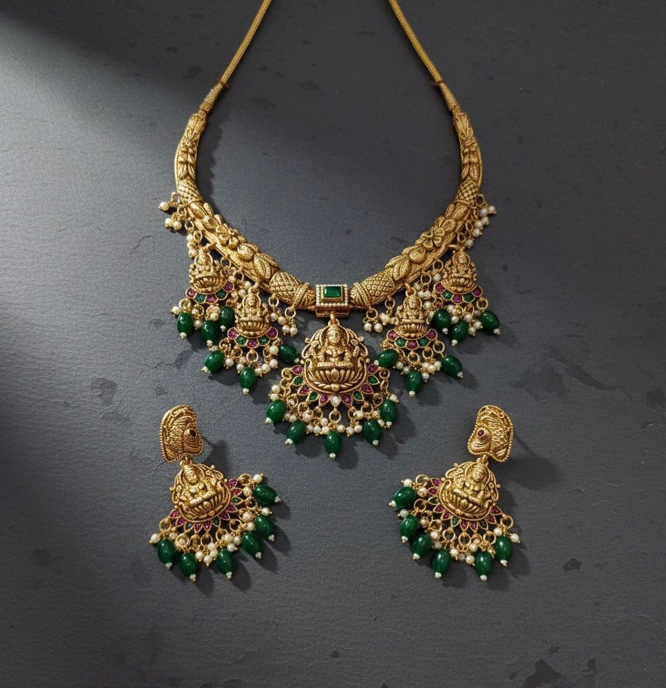 Traditional Long Pearl Beaded Jewellery Set with Matching Earrings TM481GREEN
