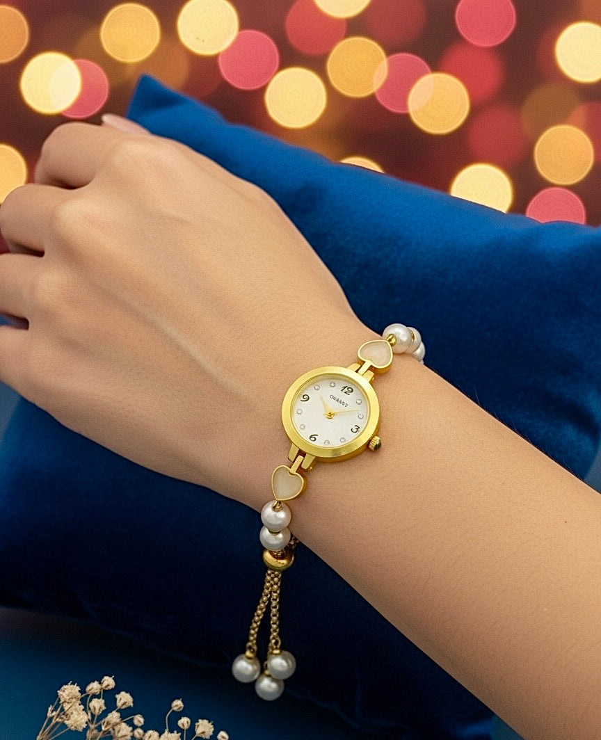 Elegant Pearl & Heart Gold Watch Bracelet – Timeless Feminine Charm