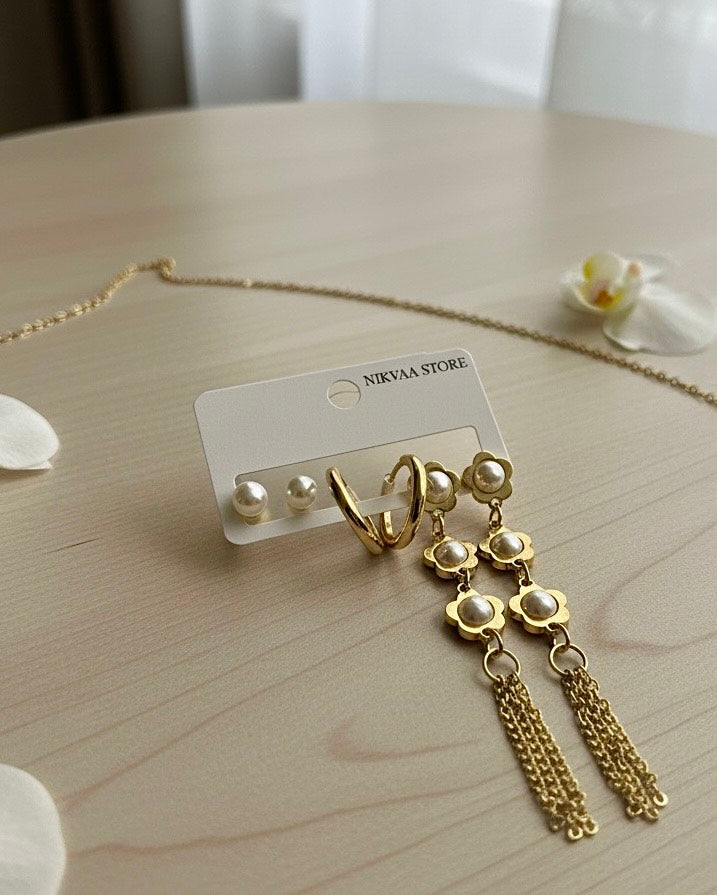 Elegant Gold Pearl Earring Set – Timeless Charm