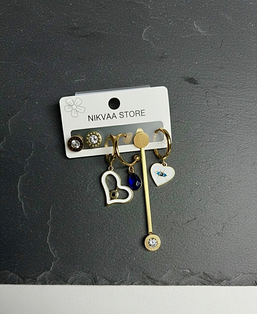 Chic Gold Heart & Eye Earring Set – Modern Flair