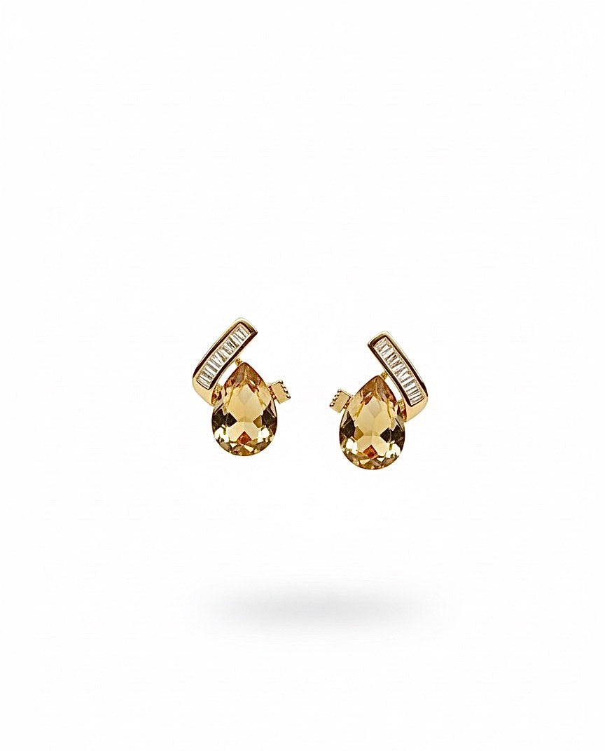 Gold Teardrop Citrine Earrings with Baguette Accents
