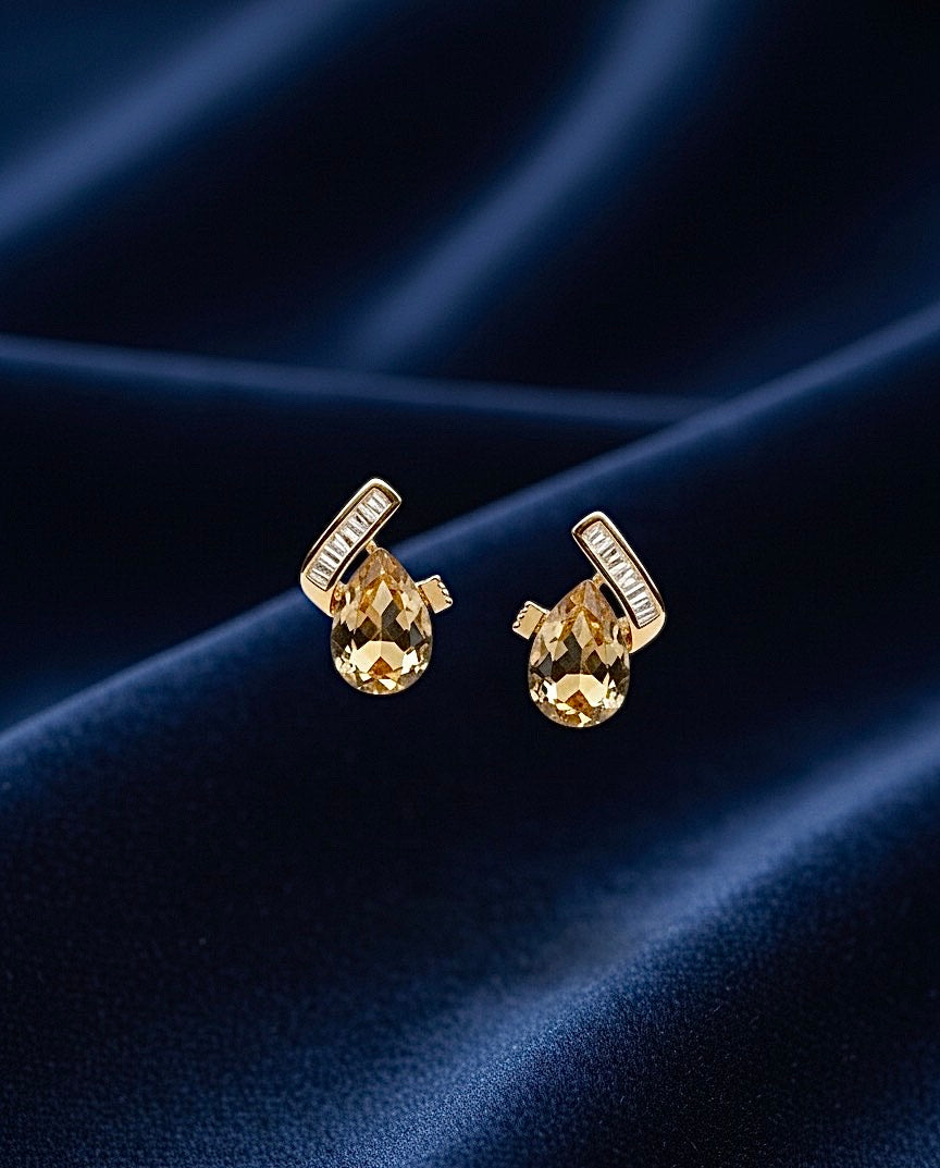 Gold Teardrop Citrine Earrings with Baguette Accents