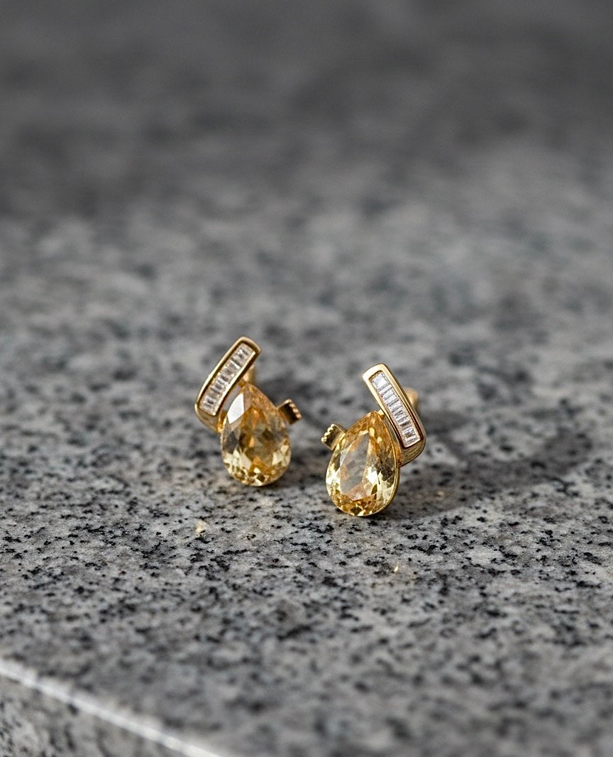 Gold Teardrop Citrine Earrings with Baguette Accents