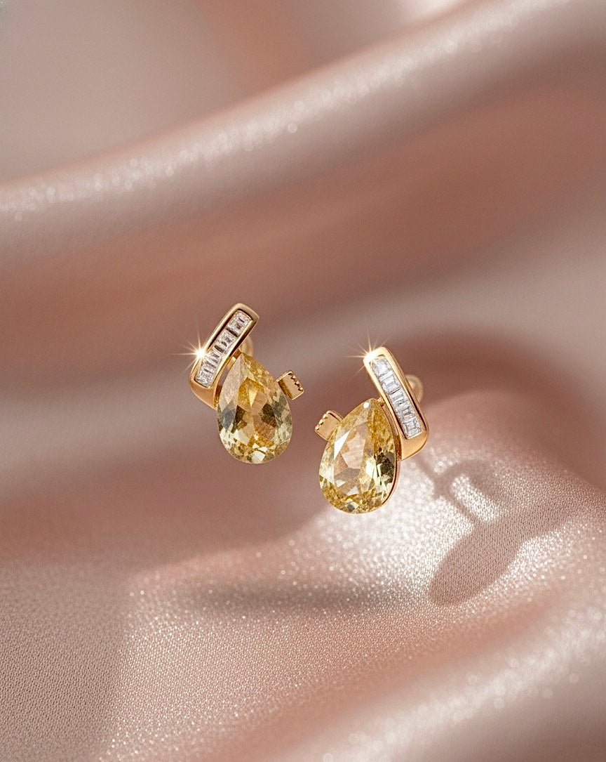 Gold Teardrop Citrine Earrings with Baguette Accents