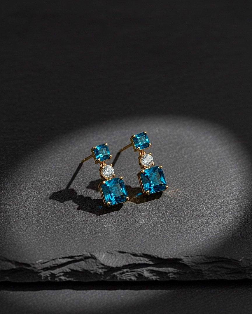 Gold Blue Topaz Drop Earrings