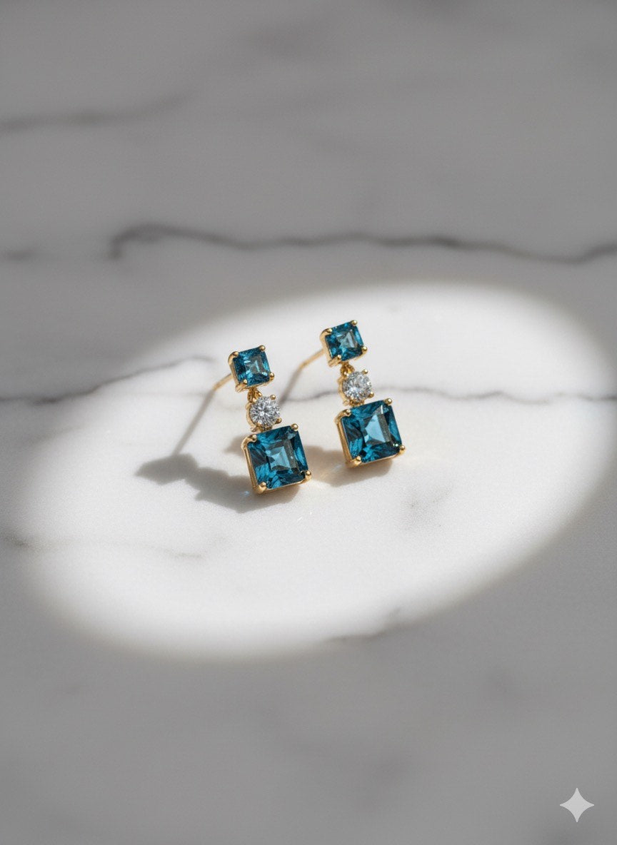 Gold Blue Topaz Drop Earrings