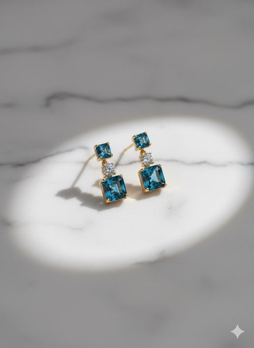 Gold Blue Topaz Drop Earrings