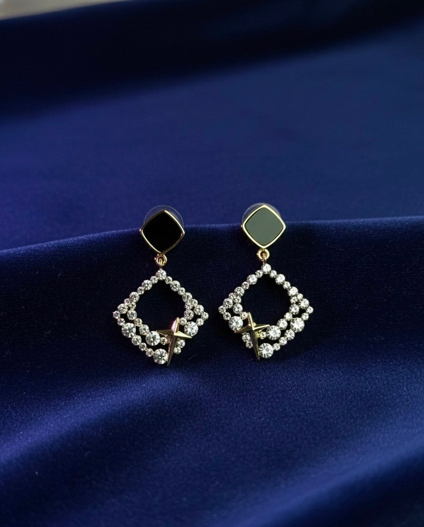 Gold Black Onyx Cross Drop Earrings