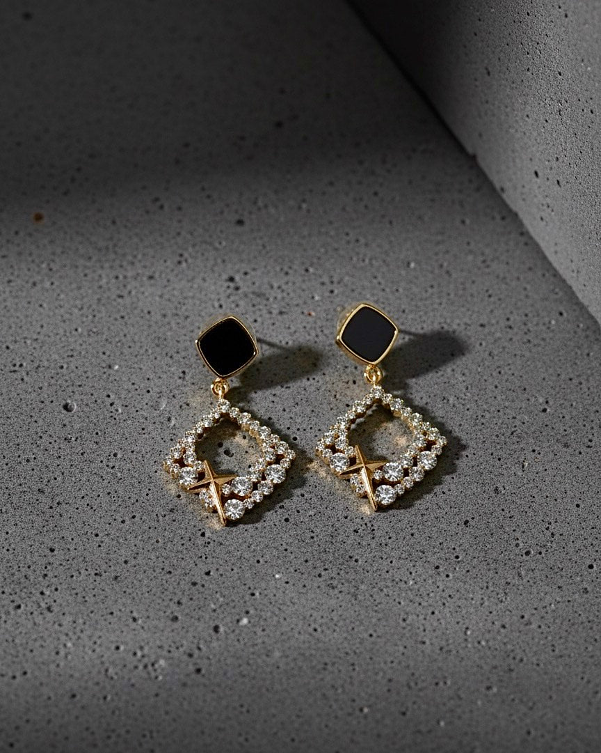 Gold Black Onyx Cross Drop Earrings