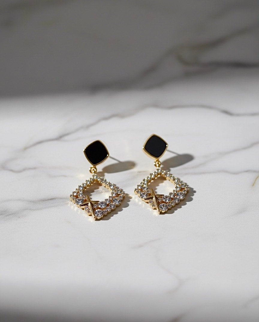 Gold Black Onyx Cross Drop Earrings