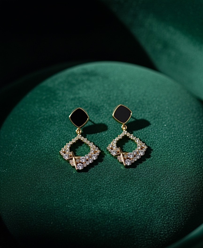 Gold Black Onyx Cross Drop Earrings