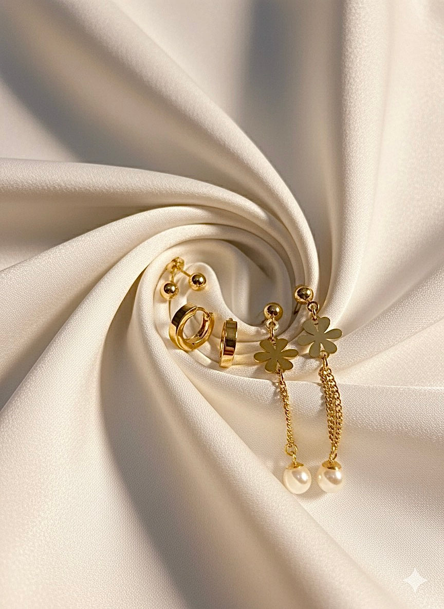 Golden Pearl Flower Chain Earrings Set