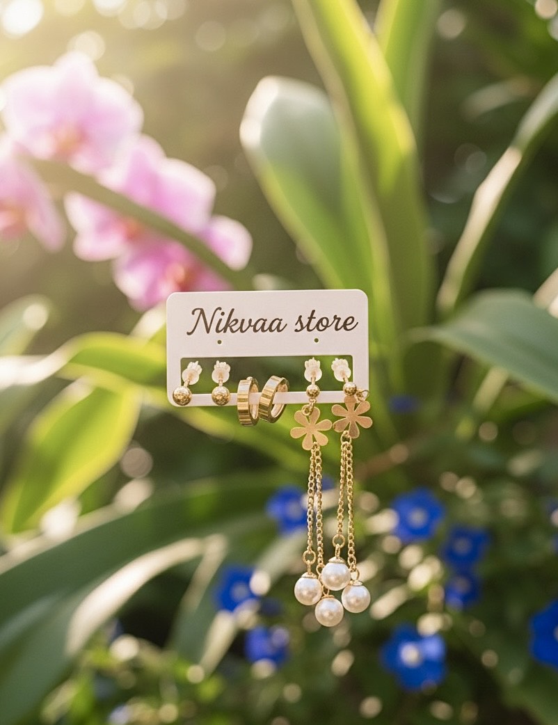Golden Pearl Flower Chain Earrings Set