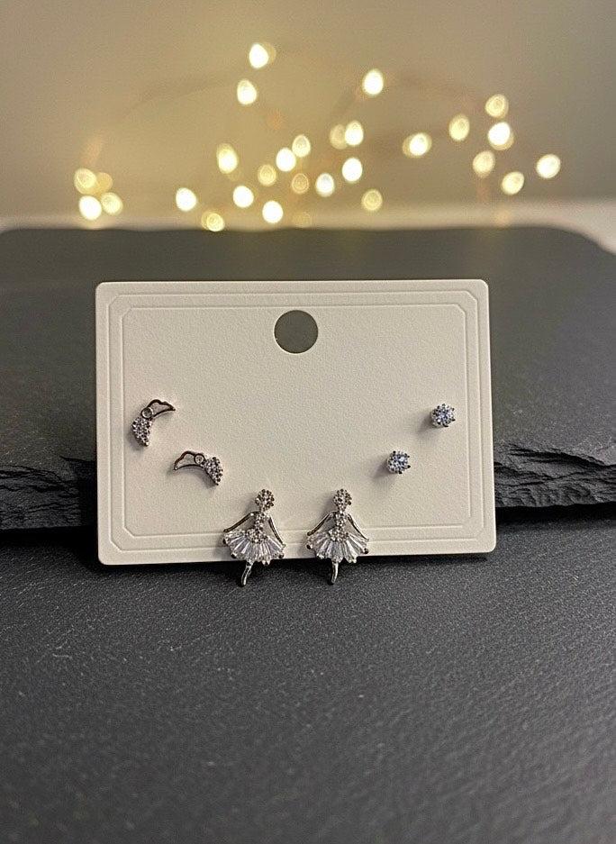 Silver Crystal Ballerina Earrings Set