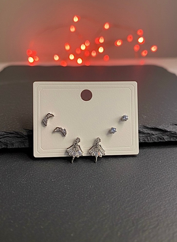 Silver Crystal Ballerina Earrings Set