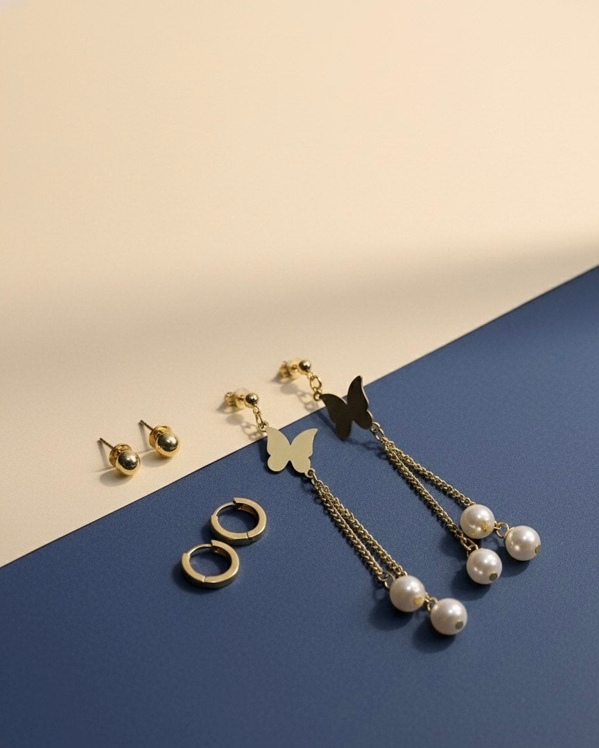 Elegant Butterfly Pearl Chain Earrings – Gold Dangle Design