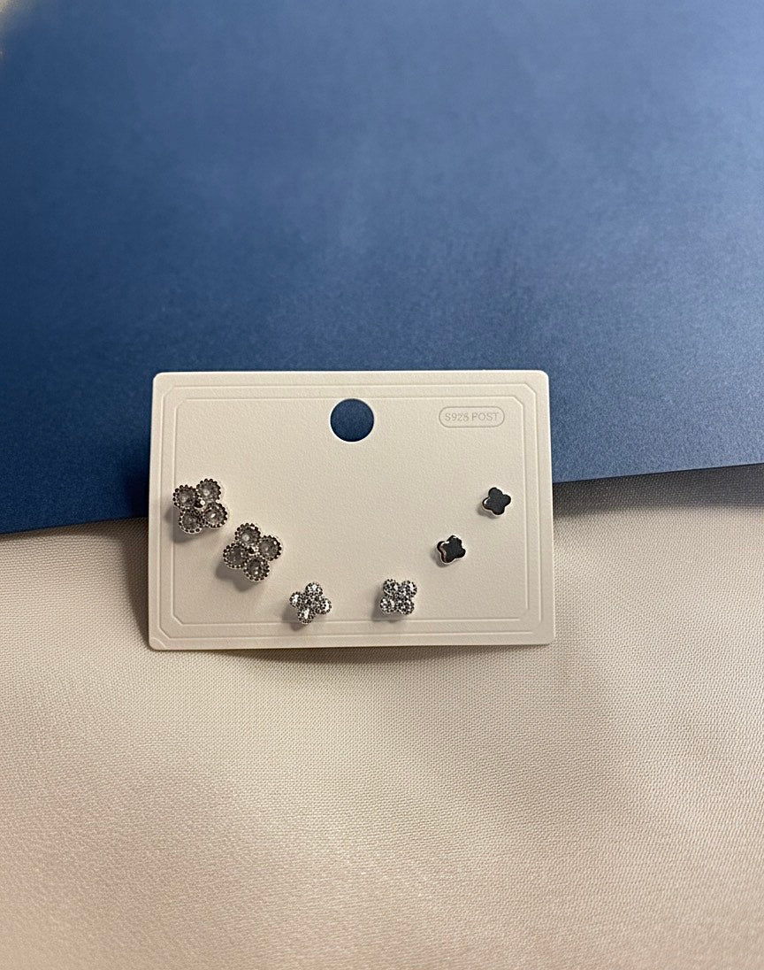 Elegant Silver Clover Stud Earring Set (3 Pairs)