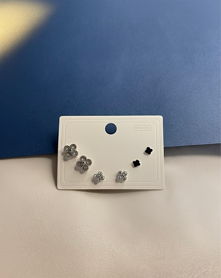 Elegant Silver Clover Stud Earring Set (3 Pairs)
