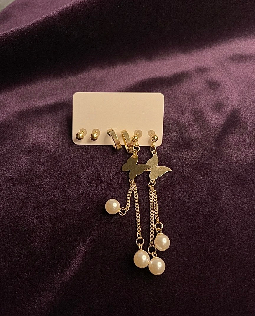 Elegant Butterfly Pearl Chain Earrings – Gold Dangle Design
