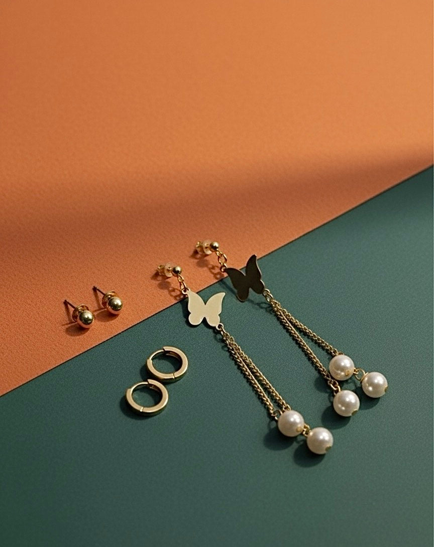 Elegant Butterfly Pearl Chain Earrings – Gold Dangle Design