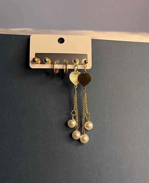 Gold Heart Pearl Drop Earrings – Elegant Dangle Design for Women
