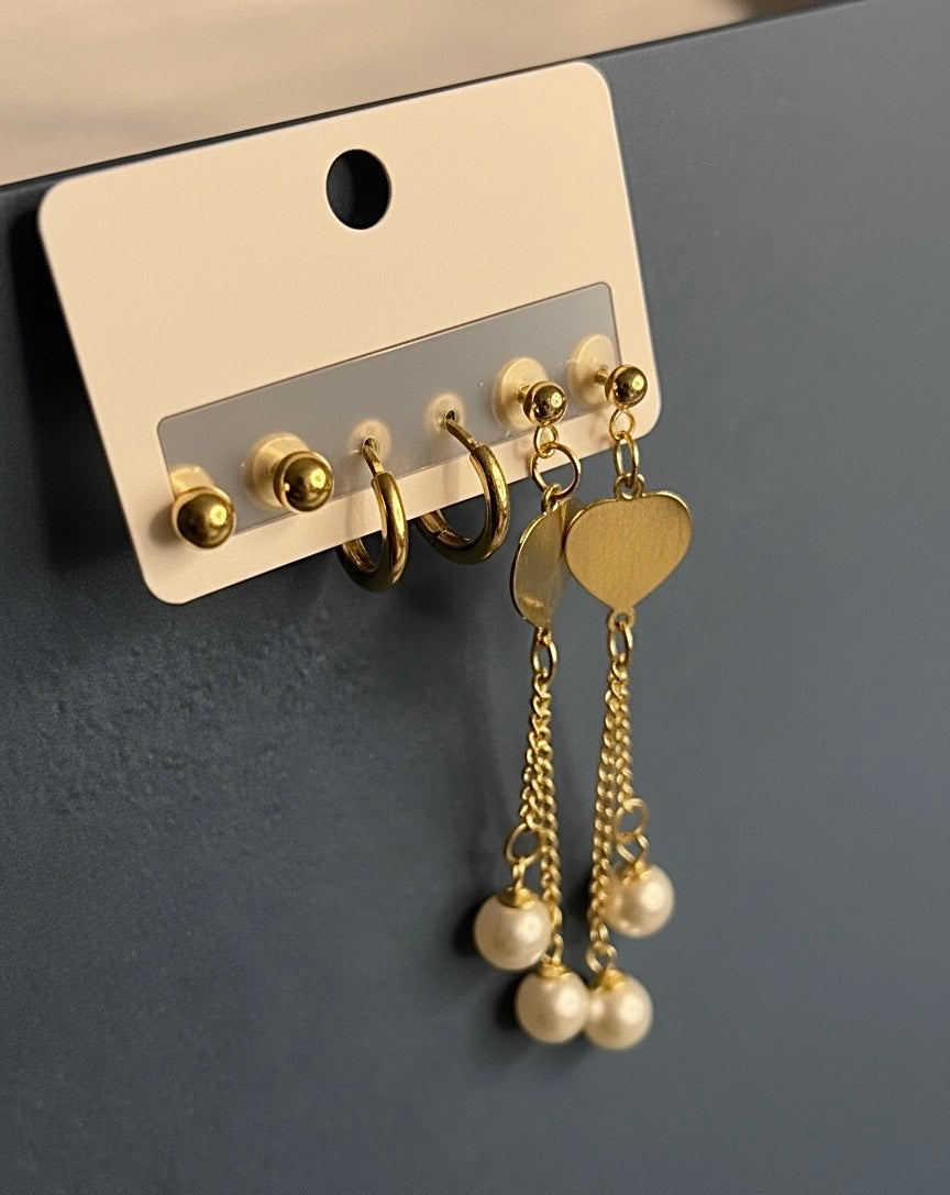 Gold Heart Pearl Drop Earrings – Elegant Dangle Design for Women