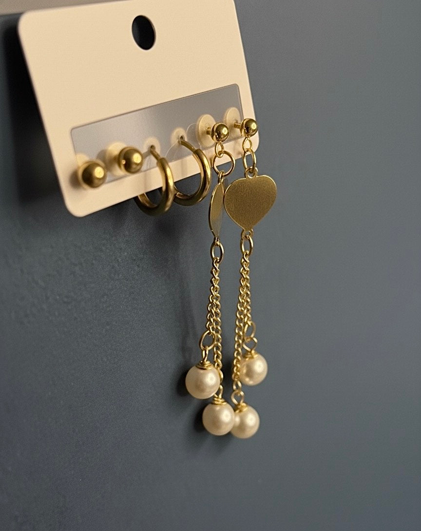 Gold Heart Pearl Drop Earrings – Elegant Dangle Design for Women
