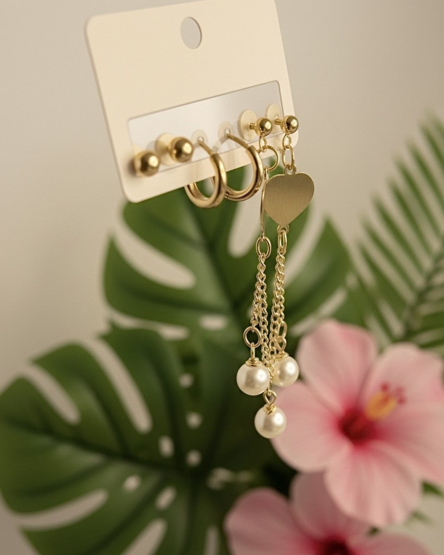 Gold Heart Pearl Drop Earrings – Elegant Dangle Design for Women