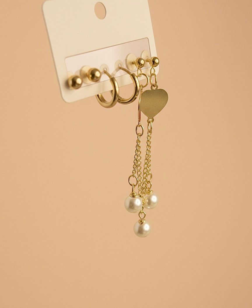 Gold Heart Pearl Drop Earrings – Elegant Dangle Design for Women