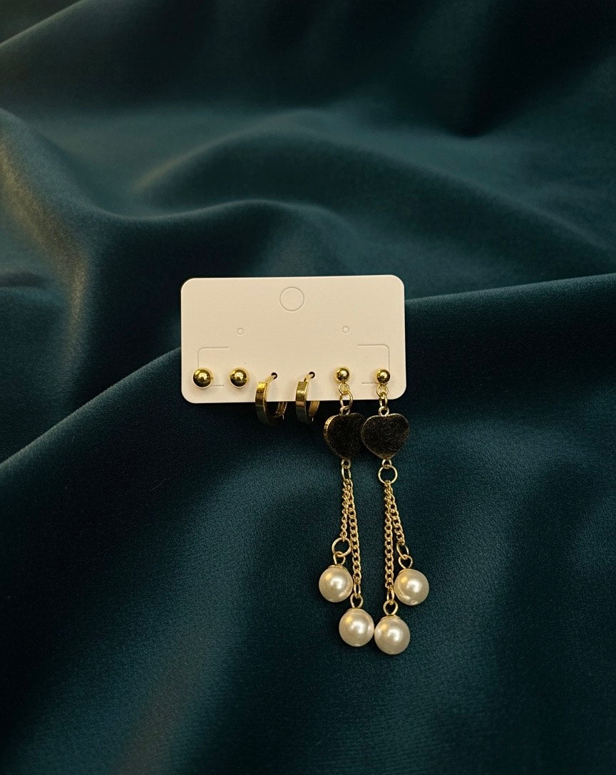 Gold Heart & Pearl Drop Earring Set