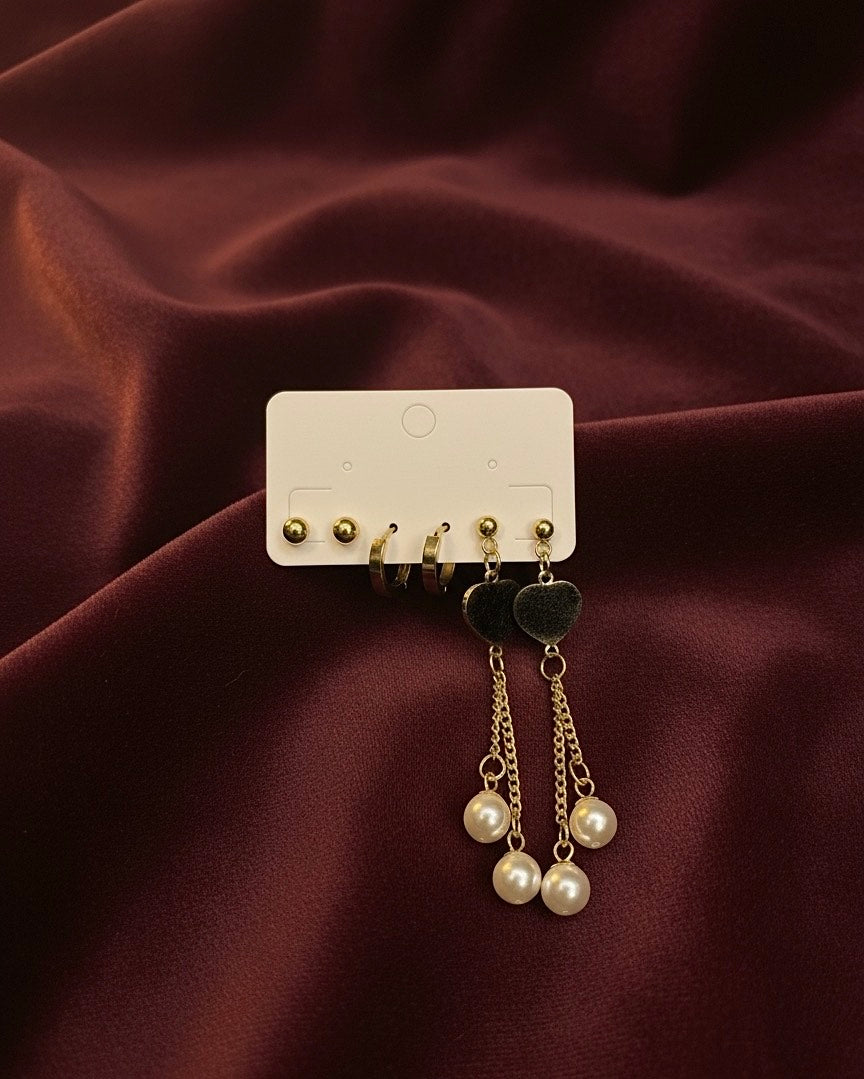 Gold Heart & Pearl Drop Earring Set