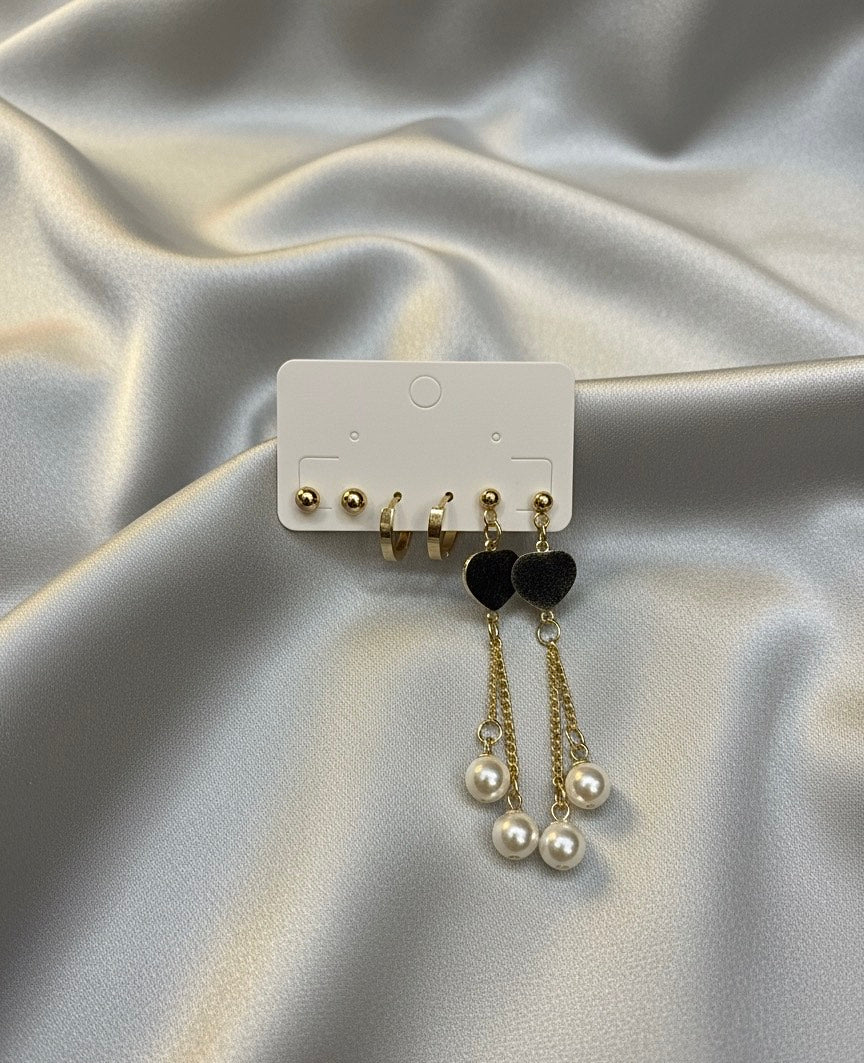 Gold Heart & Pearl Drop Earring Set