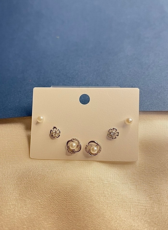 Silver Pearl & Crystal Stud Earring Set