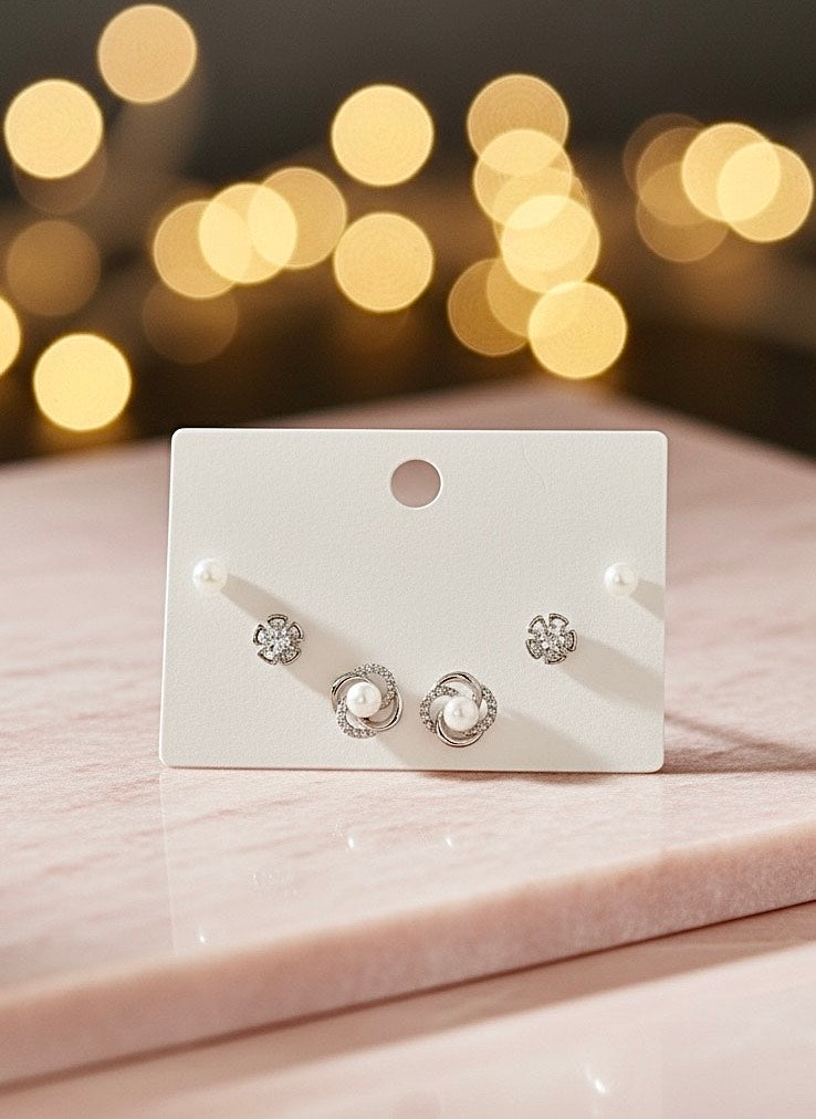 Silver Pearl & Crystal Stud Earring Set