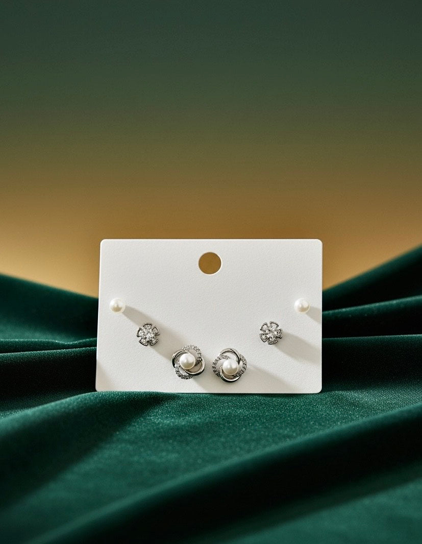 Silver Pearl & Crystal Stud Earring Set