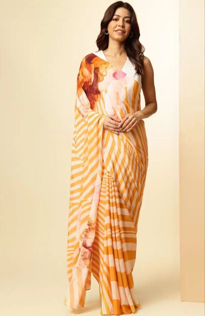 Orange & White Stripe Floral Digital Print Original Japan Satin (Devsena satin)