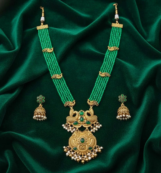 Traditional Design Temple Jewellery Set With Matching Earrings TM471GREEN